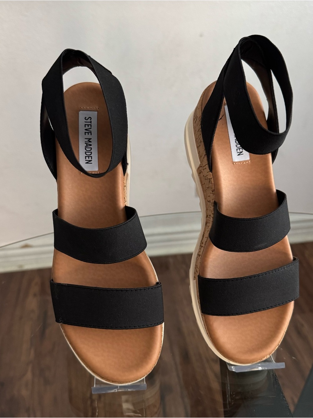 Steve Madden Black Elastic Strap Wedge Sandals